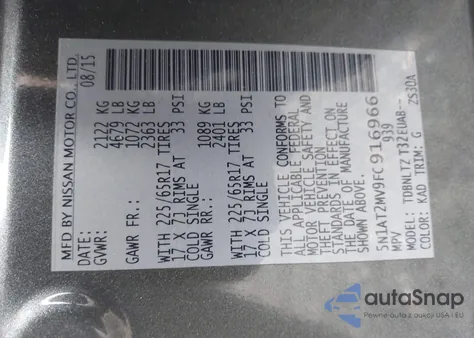 2015 Nissan Rogue Sv из США, поврежденный, VIN 5N1AT2MV9FC916966